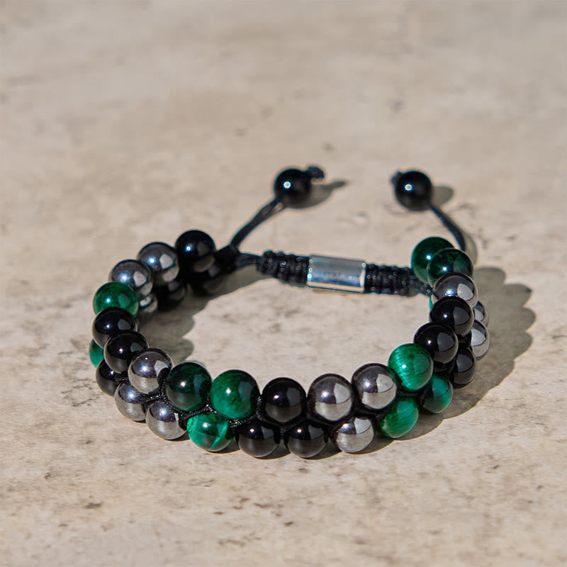 Fortune Jewel Natural Green Tiger Eye Black Magnetite Black Obsidian Double Row Beads Positive Bracelet