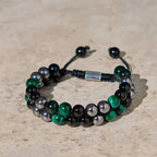 Fortune Jewel Natural Green Tiger Eye Black Magnetite Black Obsidian Double Row Beads Positive Bracelet