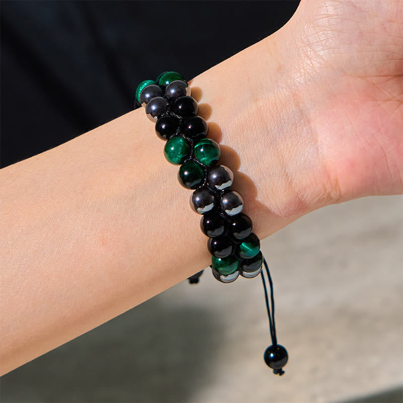 Fortune Jewel Natural Green Tiger Eye Black Magnetite Black Obsidian Double Row Beads Positive Bracelet
