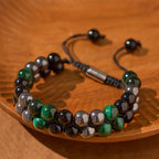 Fortune Jewel Natural Green Tiger Eye Black Magnetite Black Obsidian Double Row Beads Positive Bracelet