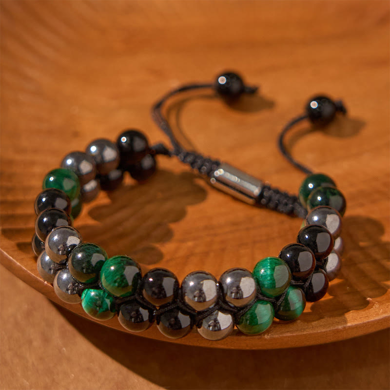 Fortune Jewel Natural Green Tiger Eye Black Magnetite Black Obsidian Double Row Beads Positive Bracelet