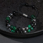 Fortune Jewel Natural Green Tiger Eye Black Magnetite Black Obsidian Double Row Beads Positive Bracelet