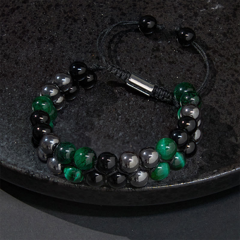 Fortune Jewel Natural Green Tiger Eye Black Magnetite Black Obsidian Double Row Beads Positive Bracelet