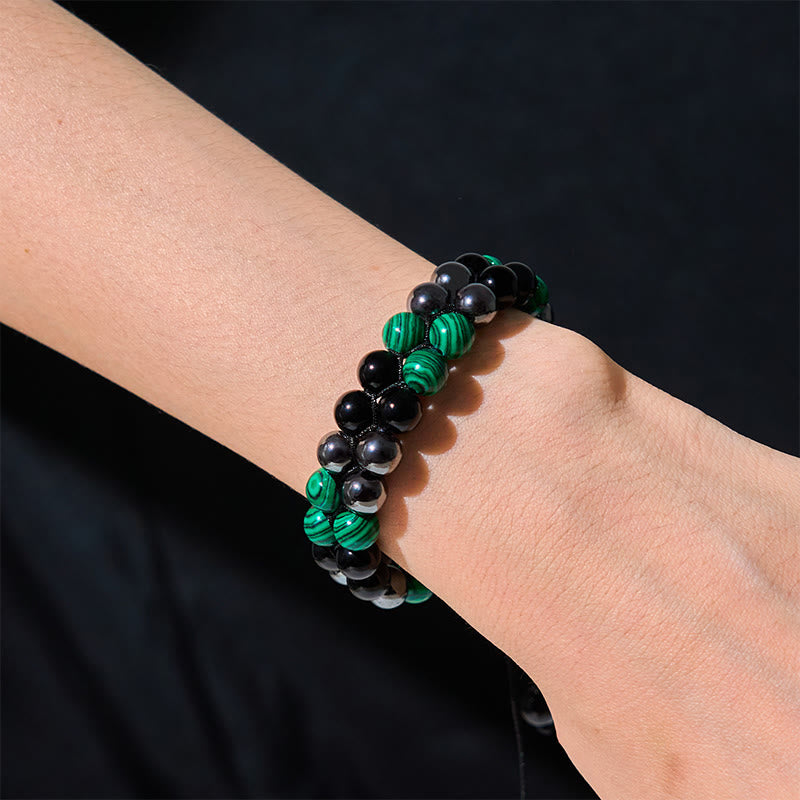 Fortune Jewel Natural Malachite Black Magnetite Black Obsidian Double Row Beads Anti-Anxiety Bracelet