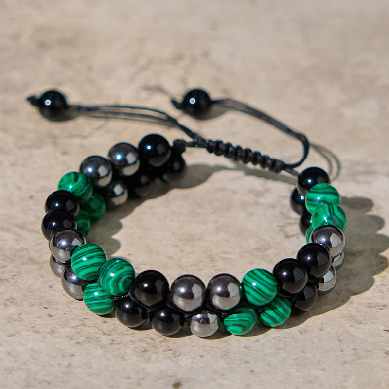 Fortune Jewel Natural Malachite Black Magnetite Black Obsidian Double Row Beads Anti-Anxiety Bracelet