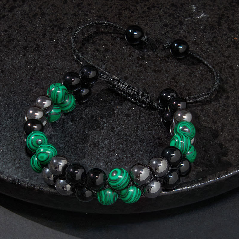 Fortune Jewel Natural Malachite Black Magnetite Black Obsidian Double Row Beads Anti-Anxiety Bracelet