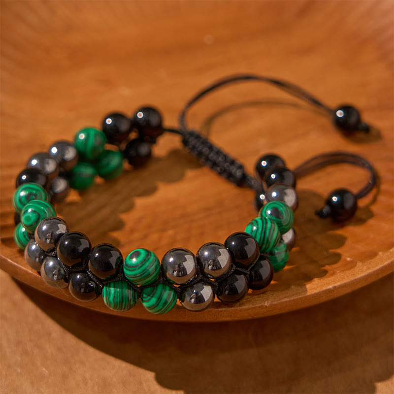 Fortune Jewel Natural Malachite Black Magnetite Black Obsidian Double Row Beads Anti-Anxiety Bracelet