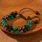 Fortune Jewel Natural Malachite Black Magnetite Black Obsidian Double Row Beads Anti-Anxiety Bracelet