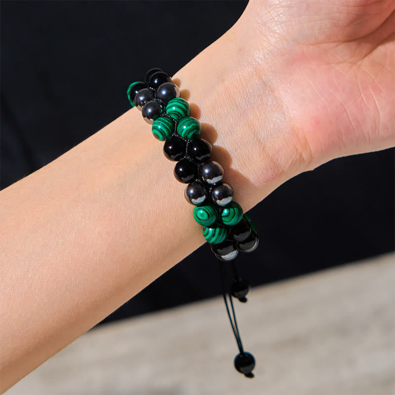 Fortune Jewel Natural Malachite Black Magnetite Black Obsidian Double Row Beads Anti-Anxiety Bracelet