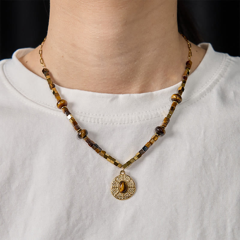Fortune Jewel Natural Tiger Eye Square Protection Titanium Steel Necklace Pendant