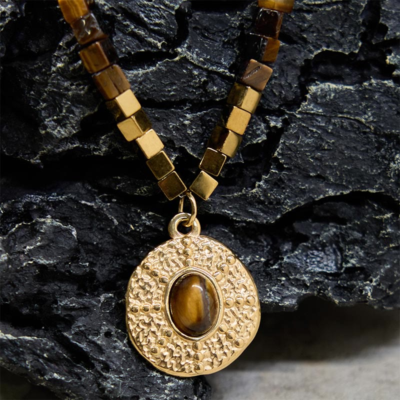 Fortune Jewel Natural Tiger Eye Square Protection Titanium Steel Necklace Pendant