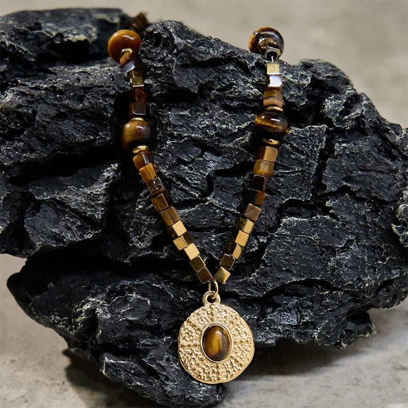Fortune Jewel Natural Tiger Eye Square Protection Titanium Steel Necklace Pendant