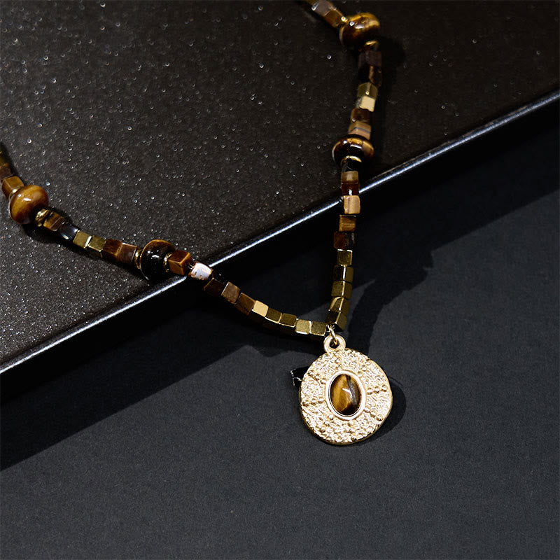 Fortune Jewel Natural Tiger Eye Square Protection Titanium Steel Necklace Pendant