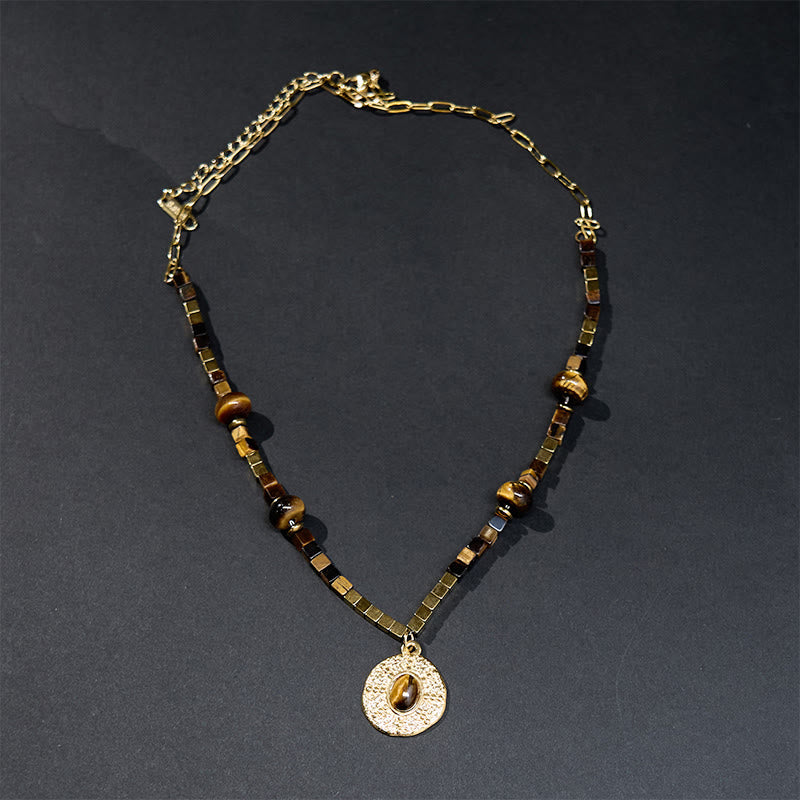Fortune Jewel Natural Tiger Eye Square Protection Titanium Steel Necklace Pendant