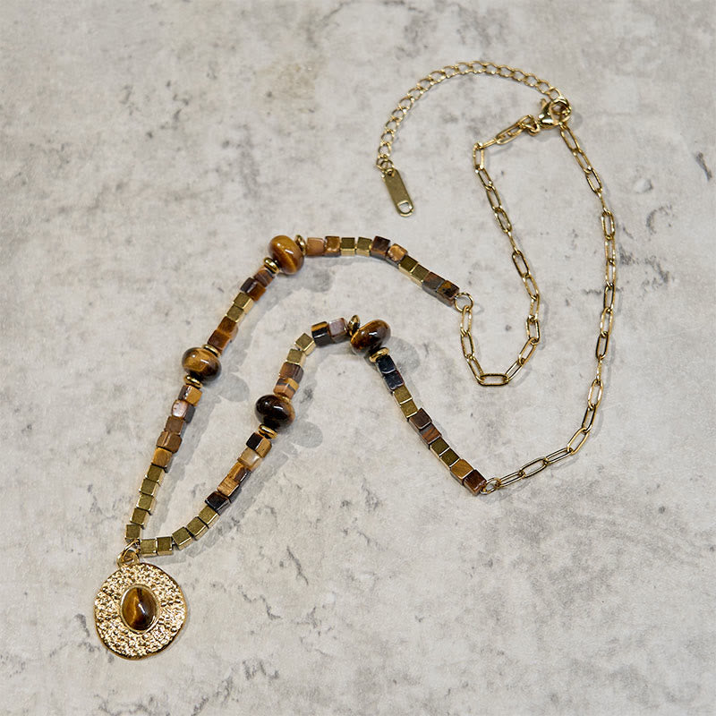 Fortune Jewel Natural Tiger Eye Square Protection Titanium Steel Necklace Pendant
