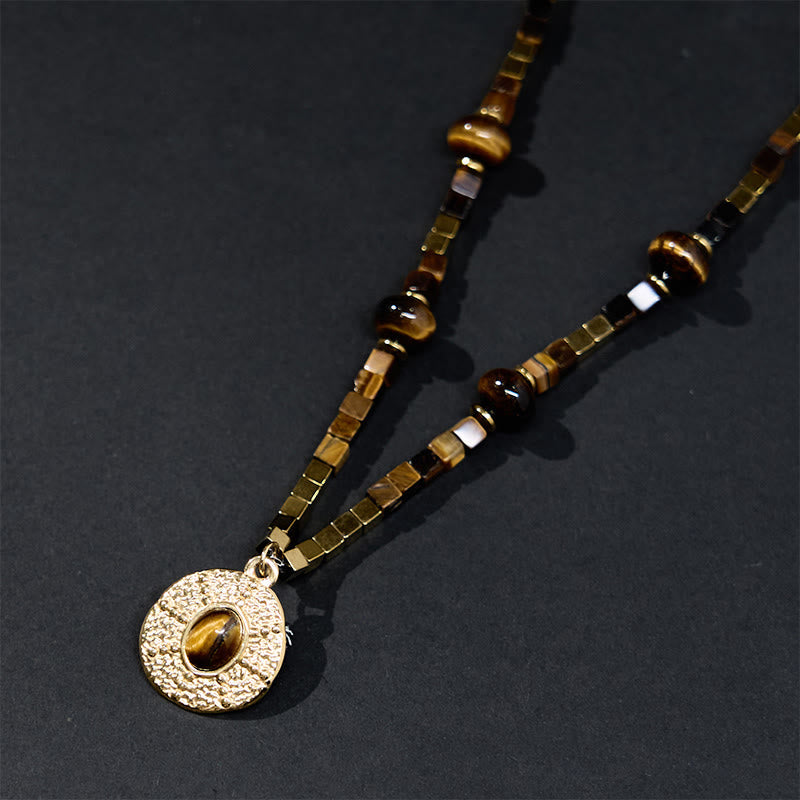 Fortune Jewel Natural Tiger Eye Square Protection Titanium Steel Necklace Pendant