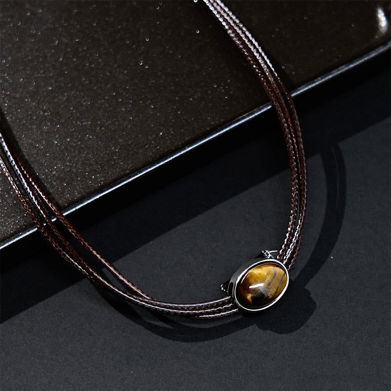 Fortune Jewel Natural Tiger Eye Ellipse Protection Wax Rope Necklace Pendant