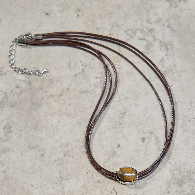 Fortune Jewel Natural Tiger Eye Ellipse Protection Wax Rope Necklace Pendant