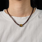 Fortune Jewel Natural Tiger Eye Ellipse Protection Wax Rope Necklace Pendant