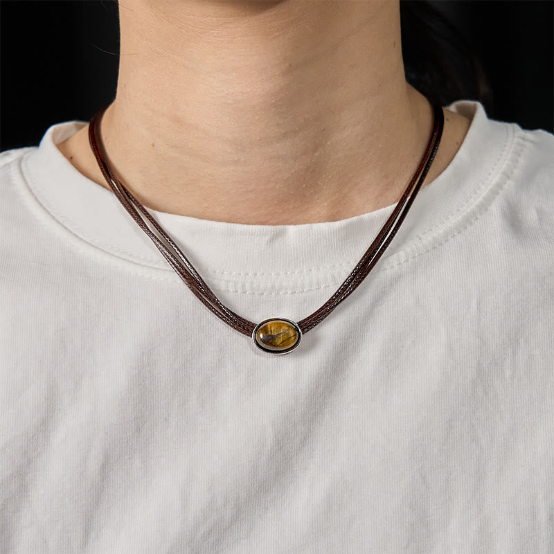 Fortune Jewel Natural Tiger Eye Ellipse Protection Wax Rope Necklace Pendant