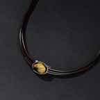 Fortune Jewel Natural Tiger Eye Ellipse Protection Wax Rope Necklace Pendant