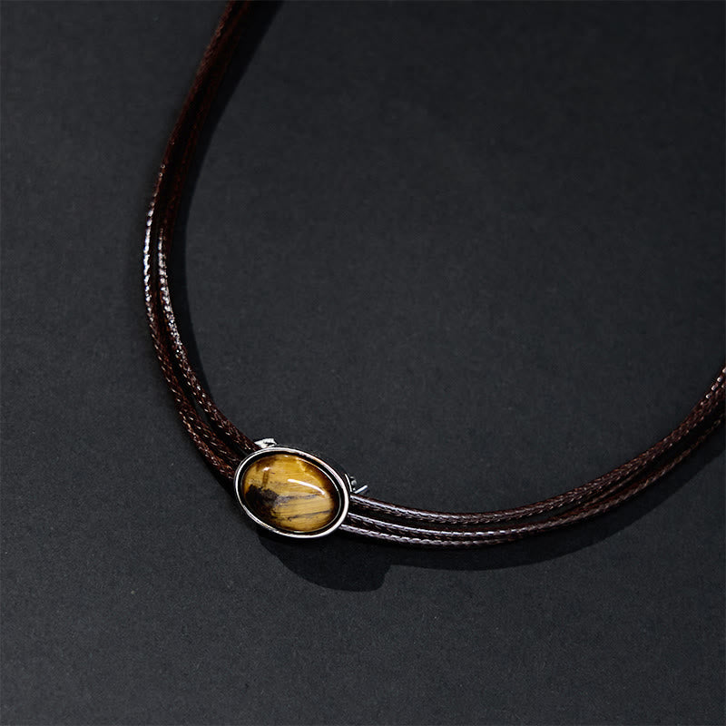 Fortune Jewel Natural Tiger Eye Ellipse Protection Wax Rope Necklace Pendant
