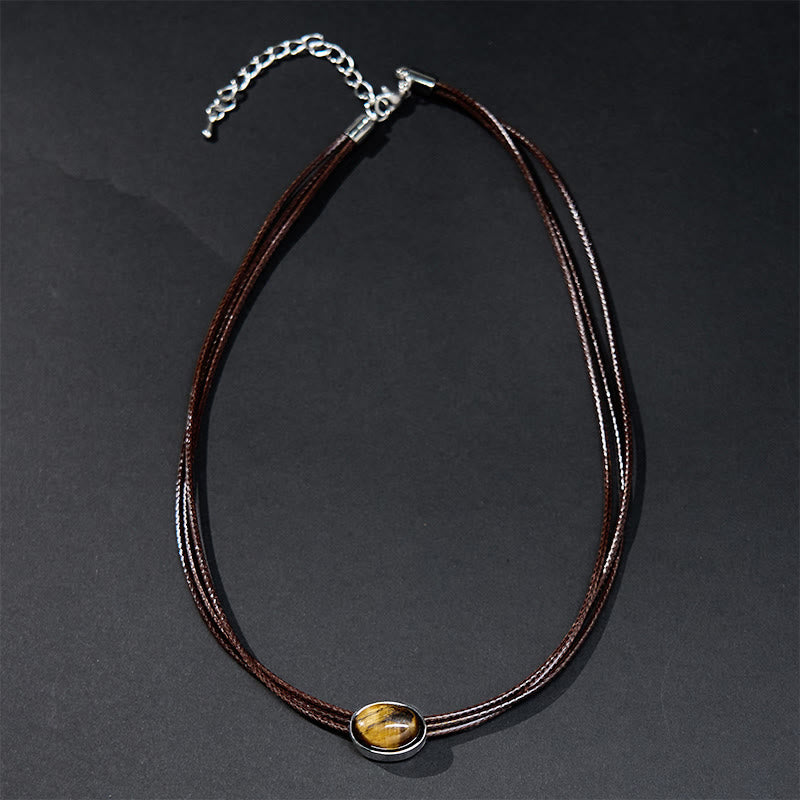 Fortune Jewel Natural Tiger Eye Ellipse Protection Wax Rope Necklace Pendant