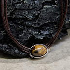 Fortune Jewel Natural Tiger Eye Ellipse Protection Wax Rope Necklace Pendant