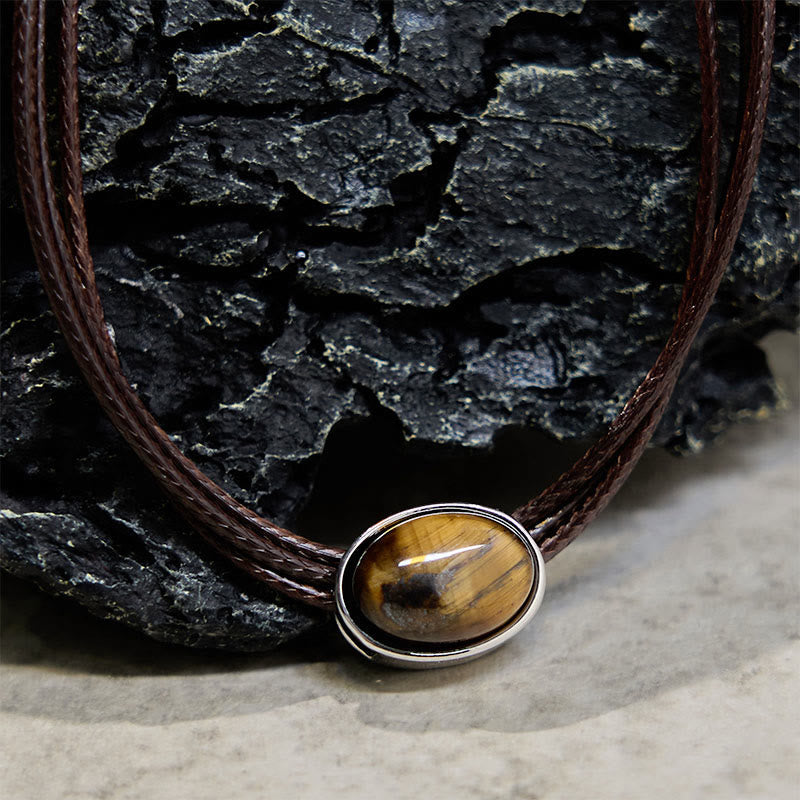 Fortune Jewel Natural Tiger Eye Ellipse Protection Wax Rope Necklace Pendant