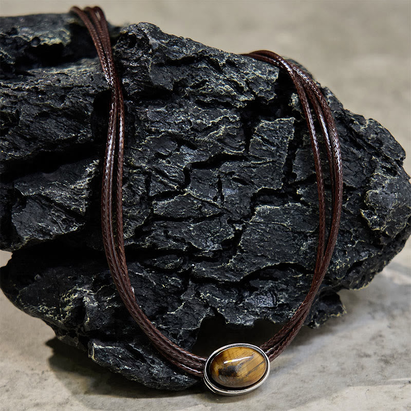 Fortune Jewel Natural Tiger Eye Ellipse Protection Wax Rope Necklace Pendant
