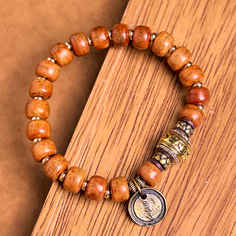 Fortune Jewel Natural Tibetan Camel Bone Barrel Beads OM Sanskrit Luck Protection Bracelet
