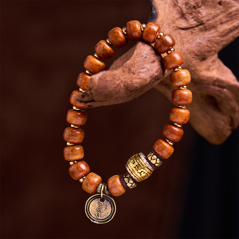 Fortune Jewel Natural Tibetan Camel Bone Barrel Beads OM Sanskrit Luck Protection Bracelet