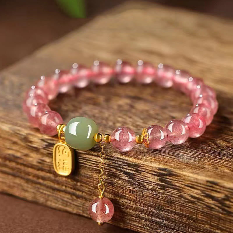 Fortune Jewel Natural Strawberry Quartz Fu Character Jade Positive Healing Bracelet