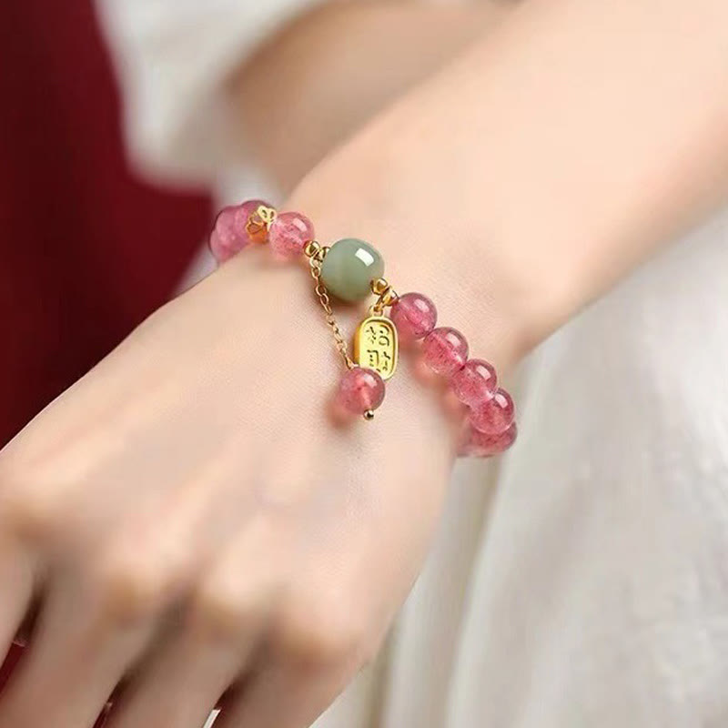 Fortune Jewel Natural Strawberry Quartz Fu Character Jade Positive Healing Bracelet