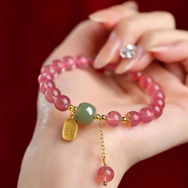 Fortune Jewel Natural Strawberry Quartz Fu Character Jade Positive Healing Bracelet