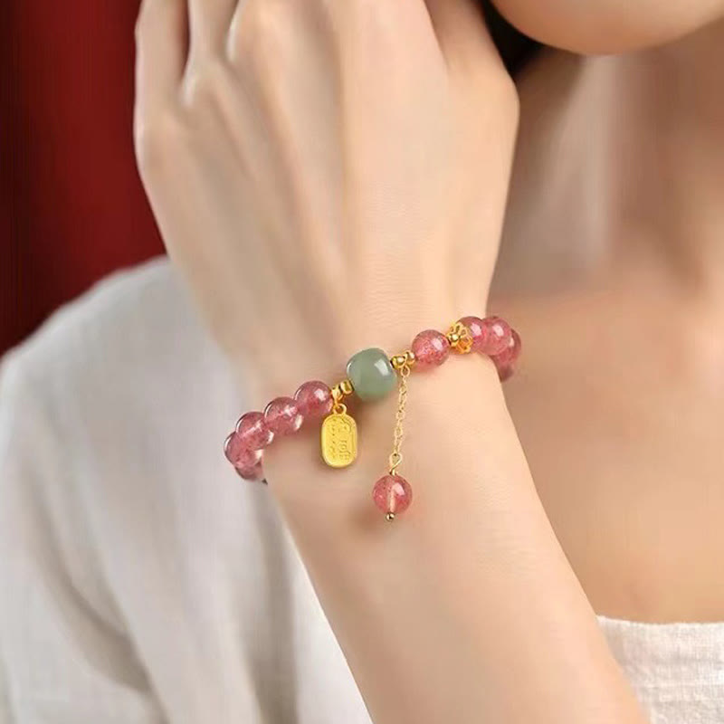 Fortune Jewel Natural Strawberry Quartz Fu Character Jade Positive Healing Bracelet