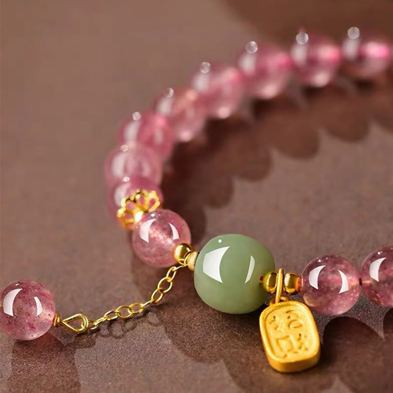 Fortune Jewel Natural Strawberry Quartz Fu Character Jade Positive Healing Bracelet