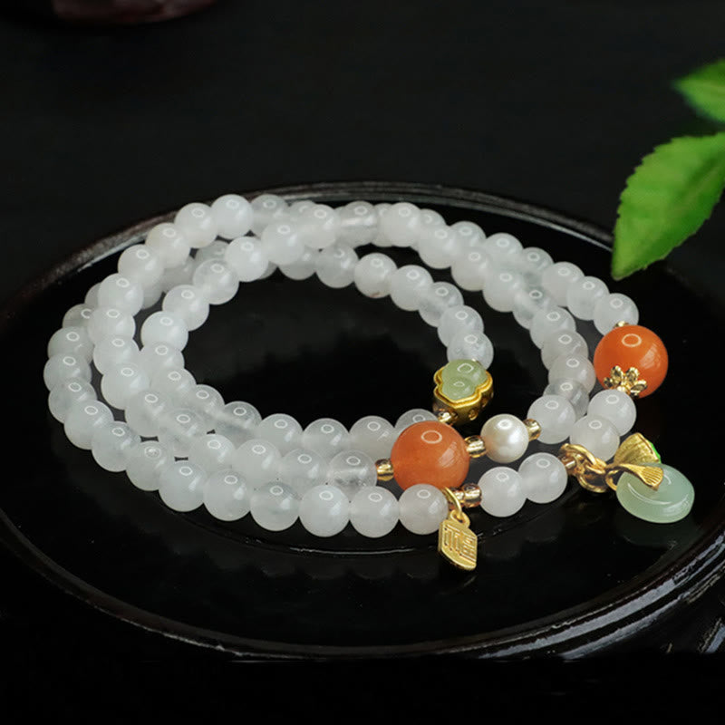 Fortune Jewel Natural White Jade Multi-layer Gourd Peace Buckle Fu Character Luck Bracelet