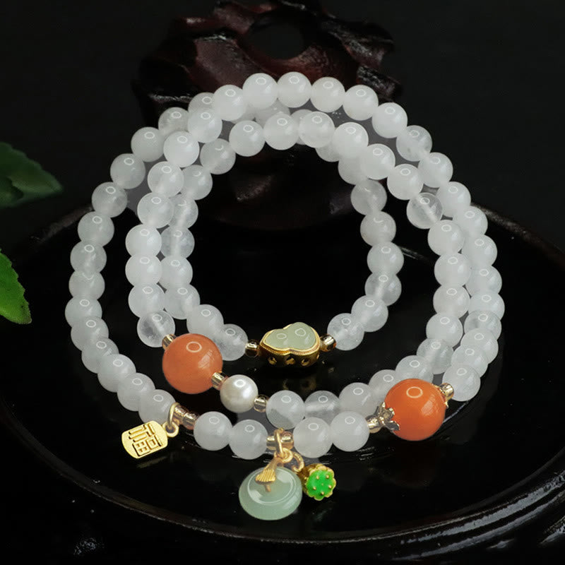 Fortune Jewel Natural White Jade Multi-layer Gourd Peace Buckle Fu Character Luck Bracelet