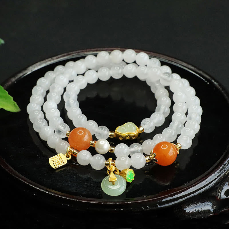 Fortune Jewel Natural White Jade Multi-layer Gourd Peace Buckle Fu Character Luck Bracelet