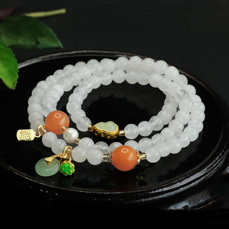 Fortune Jewel Natural White Jade Multi-layer Gourd Peace Buckle Fu Character Luck Bracelet