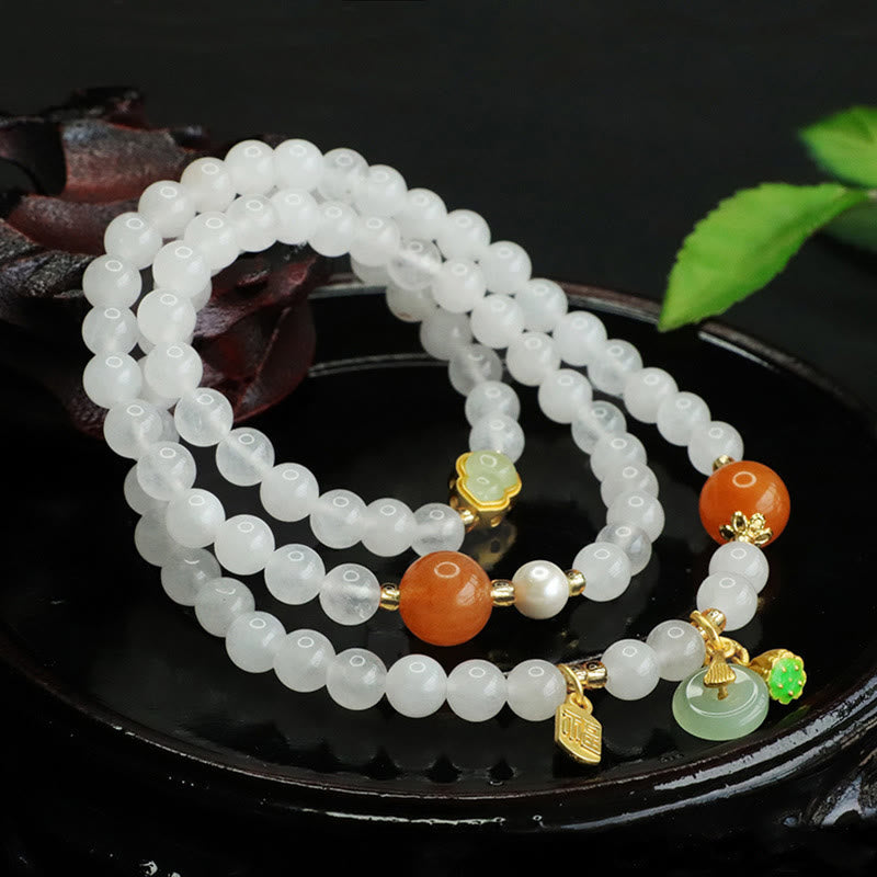 Fortune Jewel Natural White Jade Multi-layer Gourd Peace Buckle Fu Character Luck Bracelet
