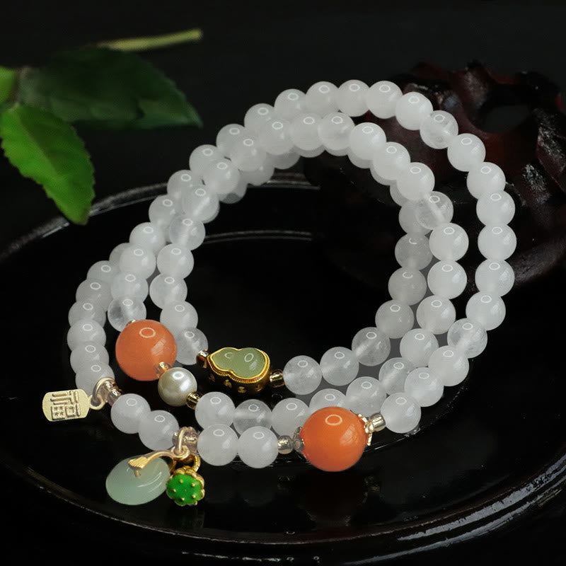 Fortune Jewel Natural White Jade Multi-layer Gourd Peace Buckle Fu Character Luck Bracelet