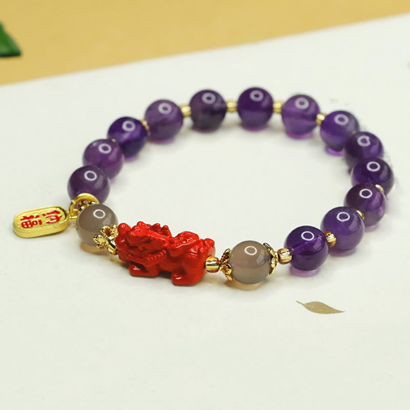 Fortune Jewel Natural Amethyst Cinnabar Pi Xiu Fu Character Balance Bracelet