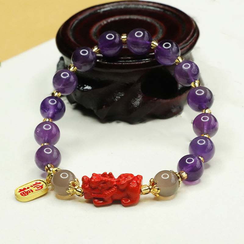 Fortune Jewel Natural Amethyst Cinnabar Pi Xiu Fu Character Balance Bracelet