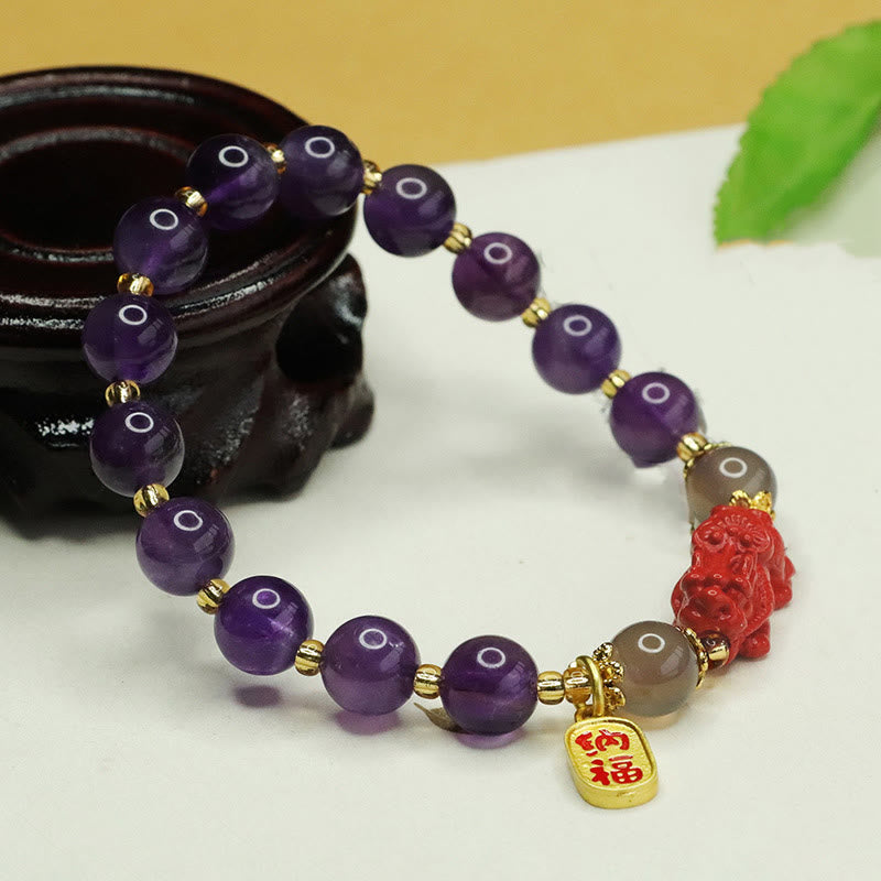 Fortune Jewel Natural Amethyst Cinnabar Pi Xiu Fu Character Balance Bracelet