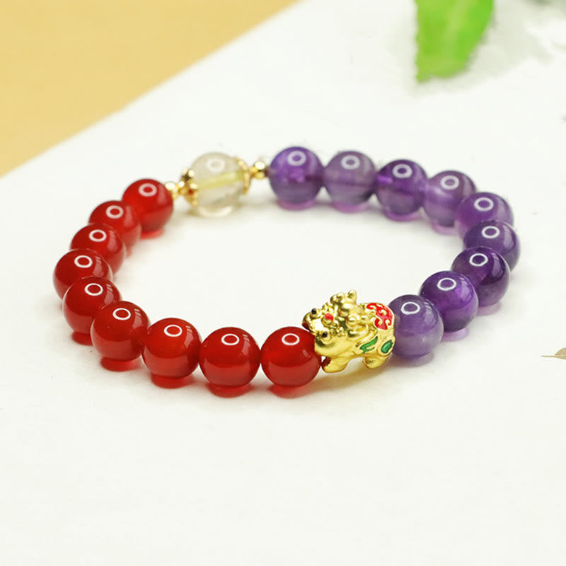 Fortune Jewel Natural Amethyst Red Agate Pi Xiu Balance Bracelet