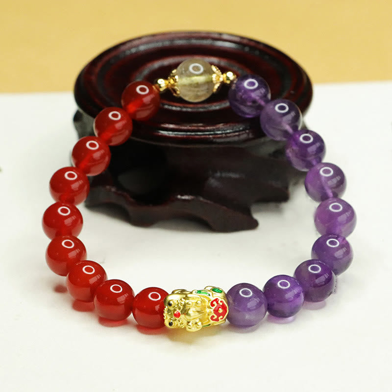 Fortune Jewel Natural Amethyst Red Agate Pi Xiu Balance Bracelet