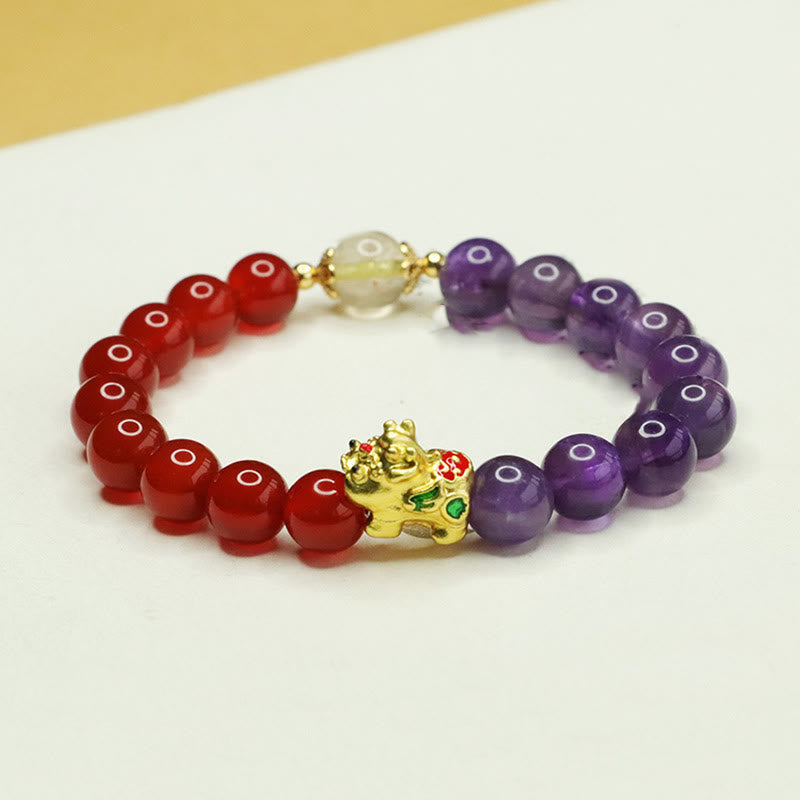 Fortune Jewel Natural Amethyst Red Agate Pi Xiu Balance Bracelet