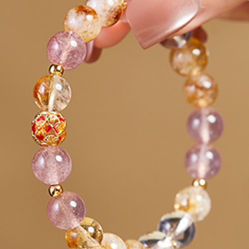 Fortune Jewel 999 Sterling Silver Citrine Strawberry Quartz White Crystal Protection Bracelet